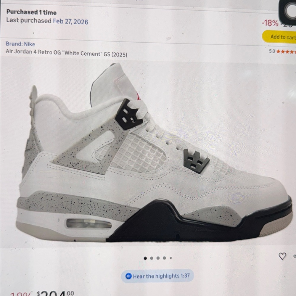 Youth Air Jordan 4 Retro OG White Cement 2025 New With Tags
Size 6